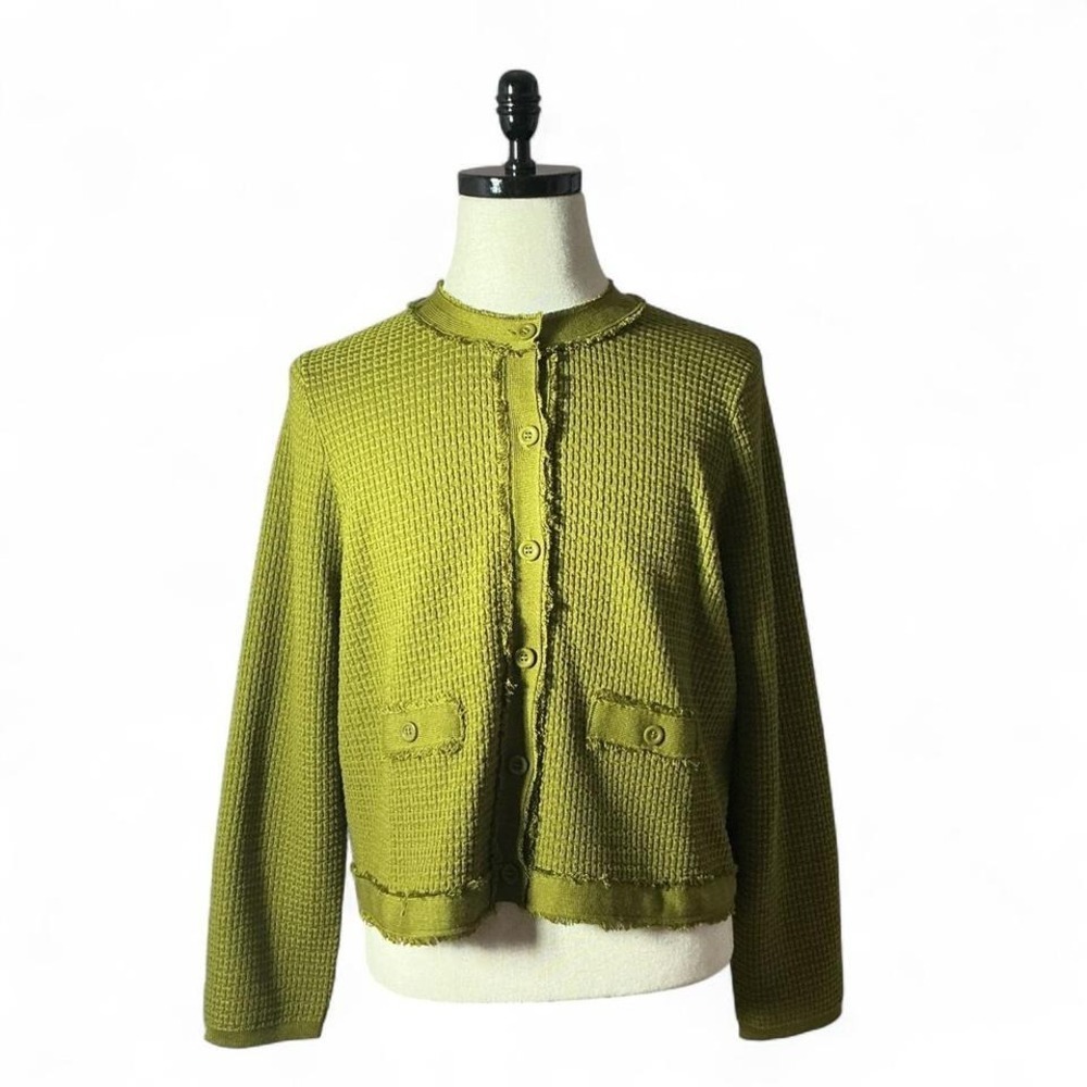 Adrianna Papell Waffle Knit Fringe Cardigan Jacket Womens L Green Raw Hem Button